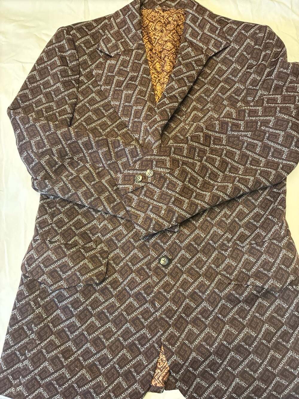 Vintage 1970s Foreman & Clark Brown Geometric Double Knit Polyester Disco Blazer